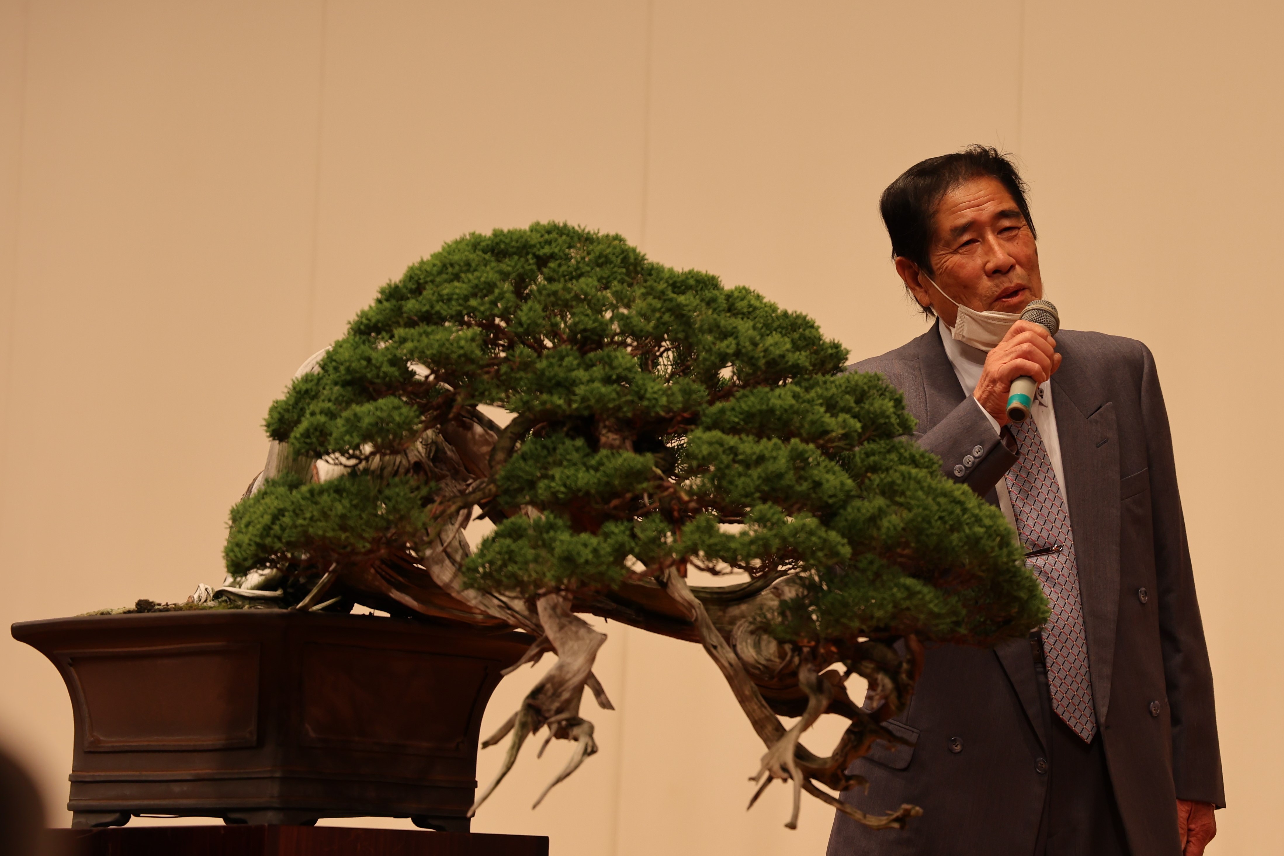 御自身作のステージ上に飾られた盆栽の説明をする木村正彦さん